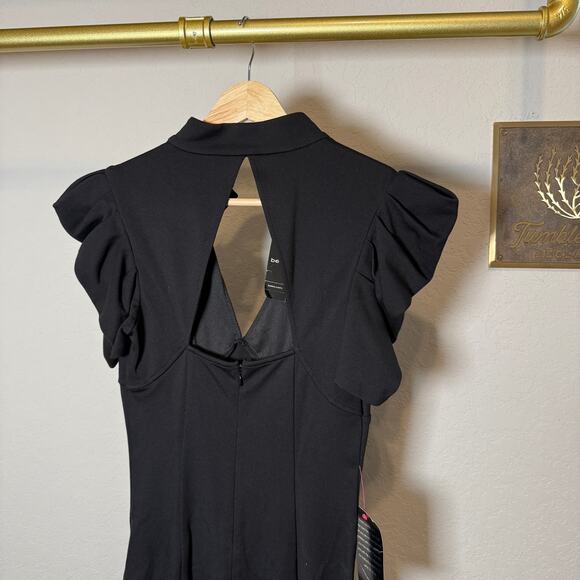 Women's Bebe Black Ruffle Sleeve Keyhole Back Sheath Dress Size XS NEW - Picture 8 of 10